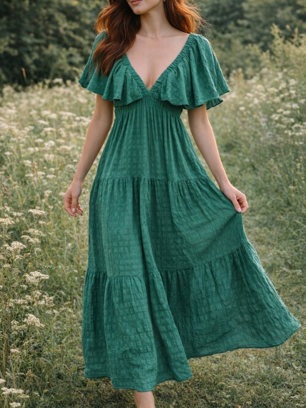 Beyond Words Boho Maxi Dress Sz M Green Tiered Flutter Sleeve Cottagecore Beachy